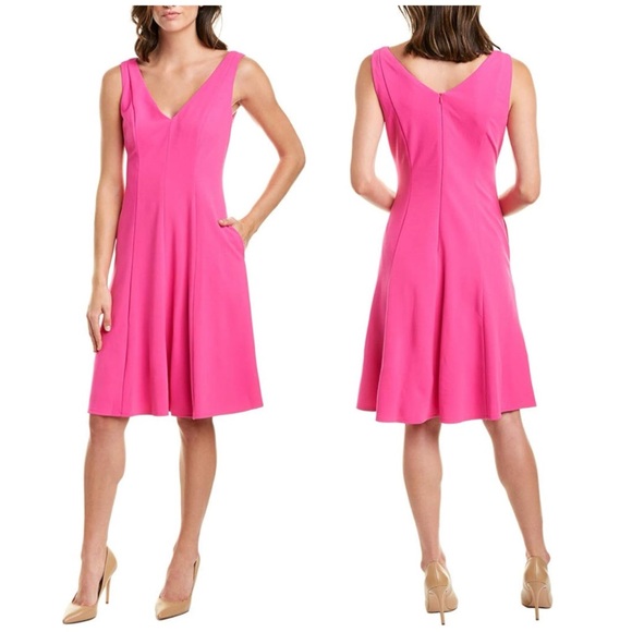 Donna Morgan Hot Pink Crepe Sleeveless V-Neck Fit & Flare Midi Dress Size 6 - Picture 5 of 6